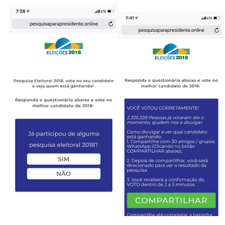  Figure 4. Fake presidential election survey with an embedded Novidade exploit kit. The question at the bottom part asks if the recipient has already participated in election research