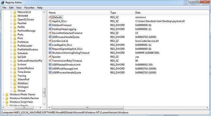 Modified registry values