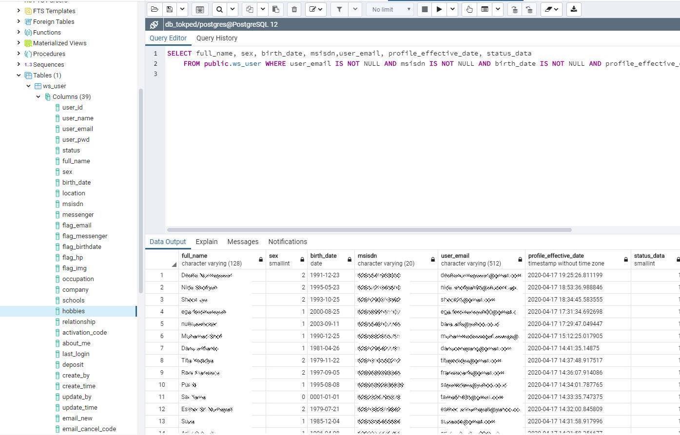 Image of redacted PostgreSQL database