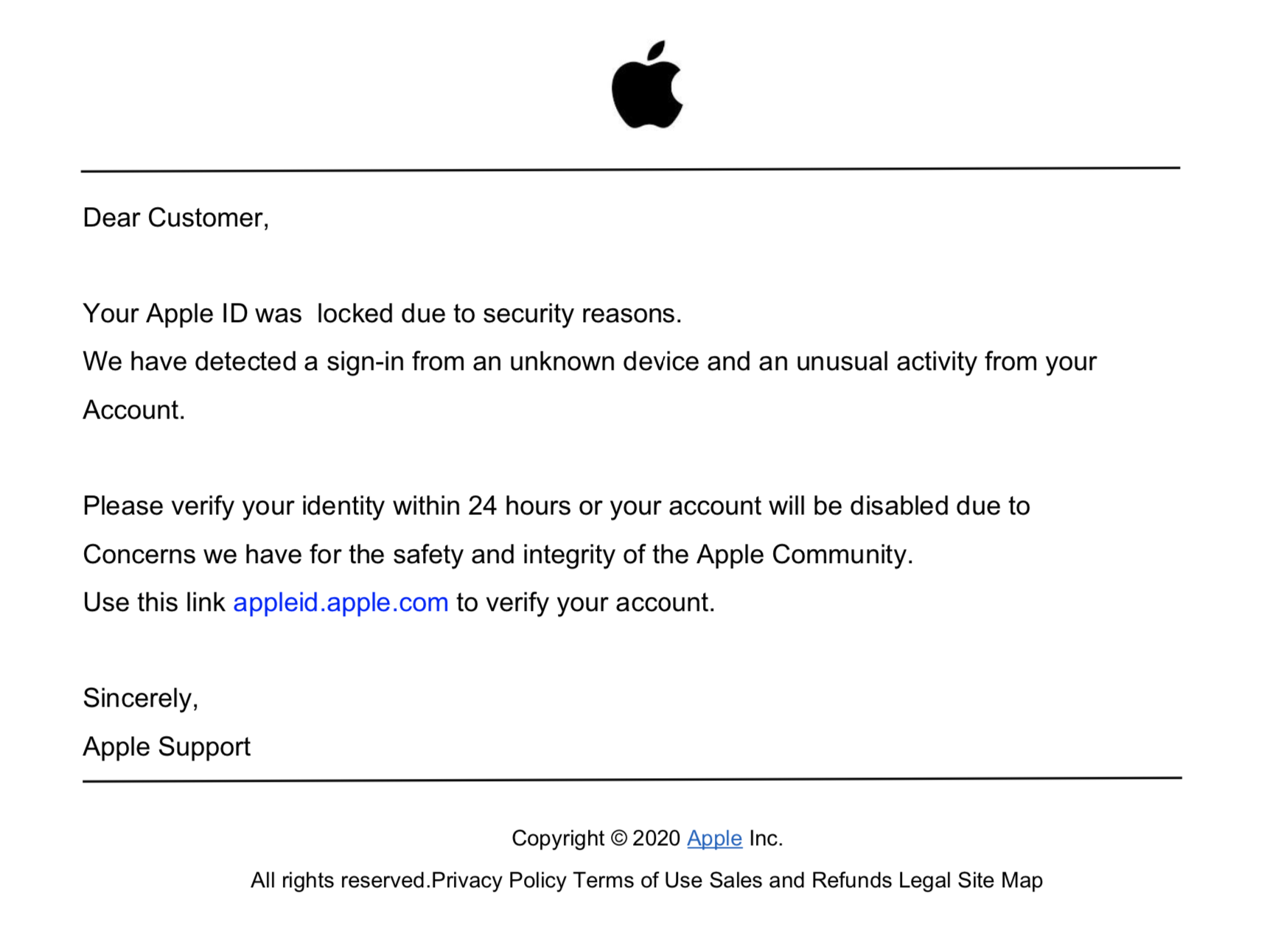 A phishing PDF purporting to be from Apple. It reads: 