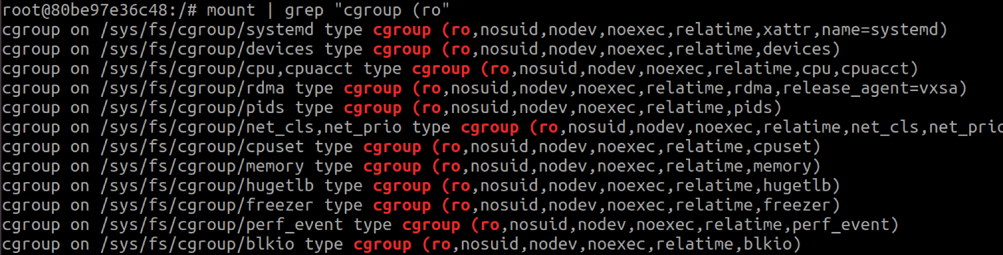 Cgroupfs mounts inside containers are read-only (