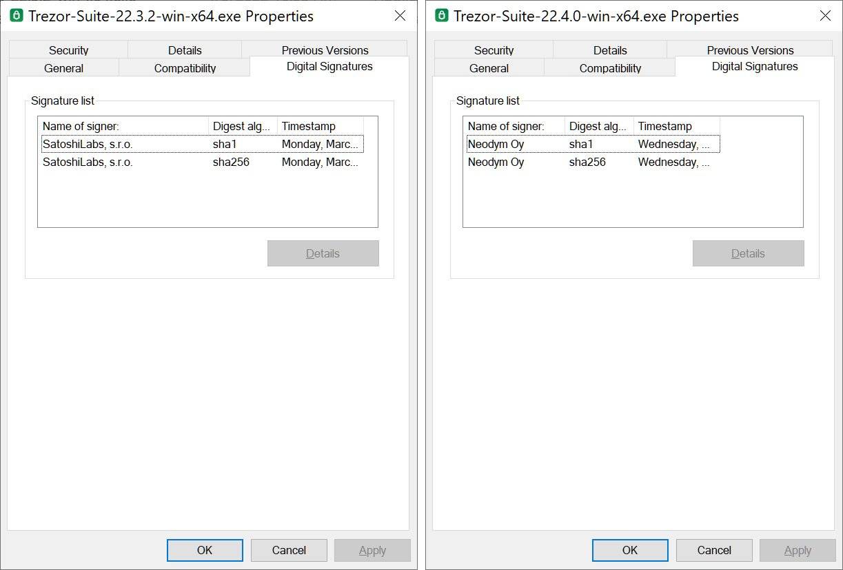 Comparison of digital signatures for fake and legitimate Trezor Suite downloads