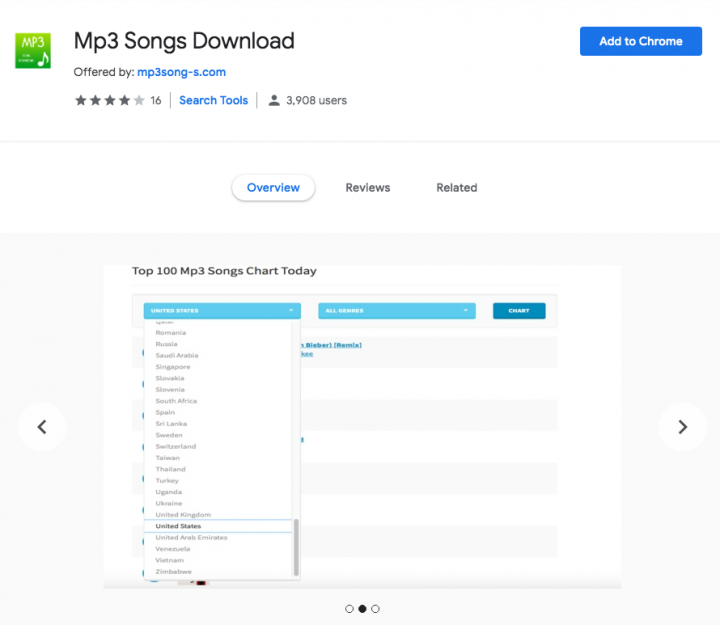 Figure 3. The Mp3 Songs Download Chrome extension has almost 4,000 users